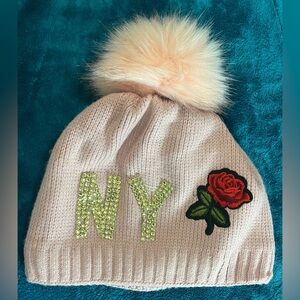Knit Cable NY Rhinestone Beanie with Faux Fur Pom Pom and Rose Embroidery